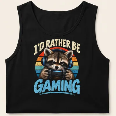 Vintage distressed tee featuring a raccoon with a gaming controller and humorous text — printed on a tank top