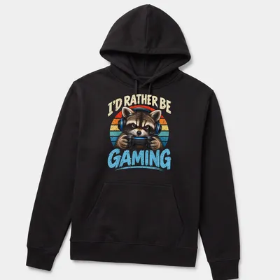 Vintage distressed tee featuring a raccoon with a gaming controller and humorous text — printed on a unisex hoodie