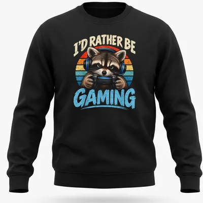 Vintage distressed tee featuring a raccoon with a gaming controller and humorous text — printed on a unisex sweatshirt