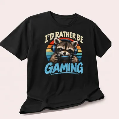 Vintage distressed tee featuring a raccoon with a gaming controller and humorous text — printed on a unisex t-shirt (angled view)