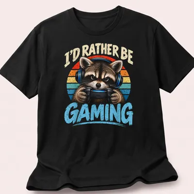 Vintage distressed tee featuring a raccoon with a gaming controller and humorous text