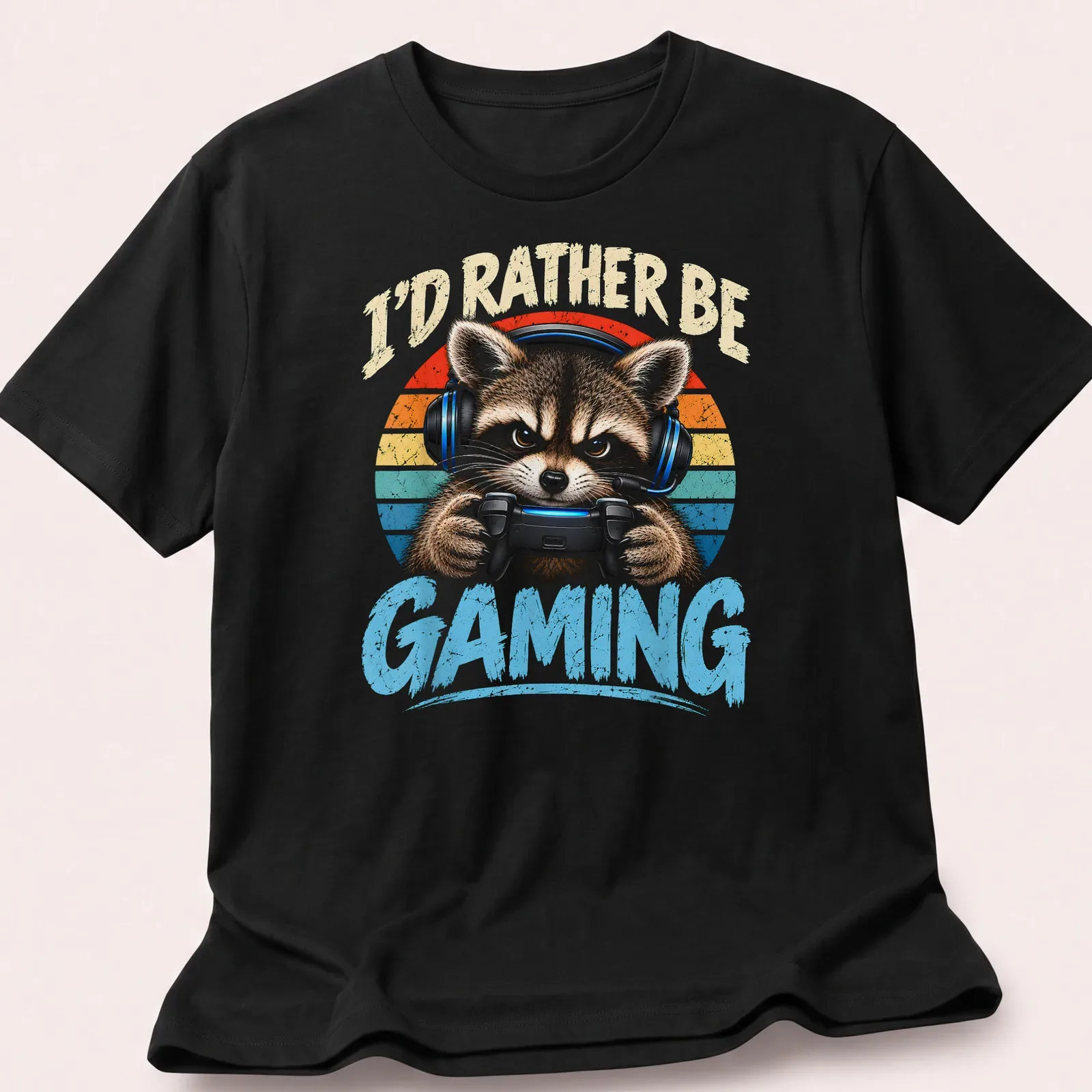 Vintage distressed tee featuring a raccoon with a gaming controller and humorous text — printed on a unisex t-shirt