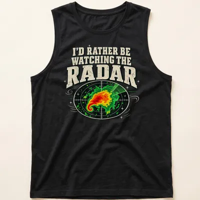 Vintage-style t-shirt featuring weather radar with bold text about radar watching — printed on a tank top