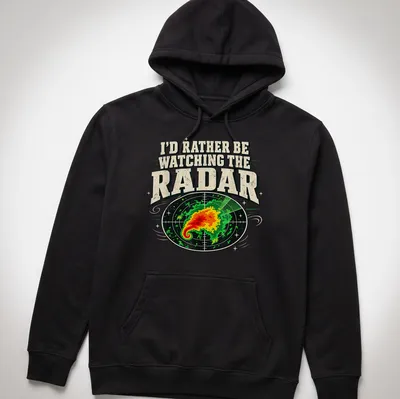 Vintage-style t-shirt featuring weather radar with bold text about radar watching — printed on a unisex hoodie