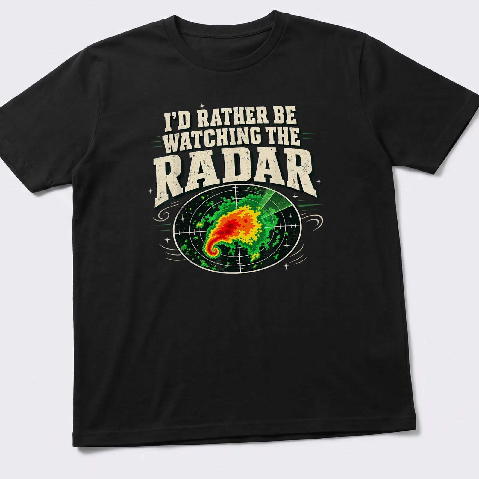 Vintage-style t-shirt featuring weather radar with bold text about radar watching — printed on a unisex t-shirt