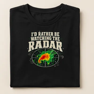 Vintage-style t-shirt featuring weather radar with bold text about radar watching — printed on a women's shirt