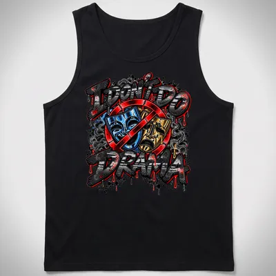 Bold graffiti print with colorful theater masks and text about drama. — printed on a tank top