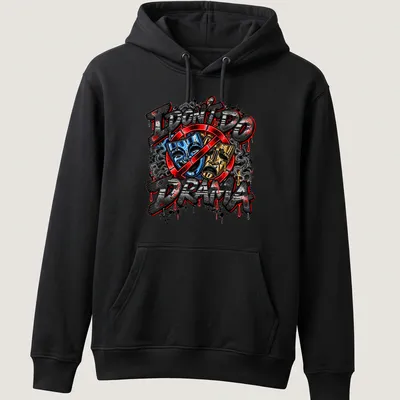 Bold graffiti print with colorful theater masks and text about drama. — printed on a unisex hoodie