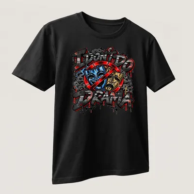 Bold graffiti print with colorful theater masks and text about drama. — printed on a unisex t-shirt (angled view)