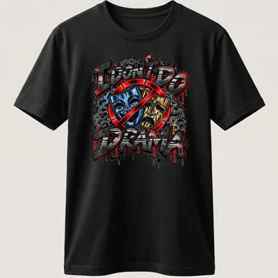 Bold graffiti print with colorful theater masks and text about drama.
