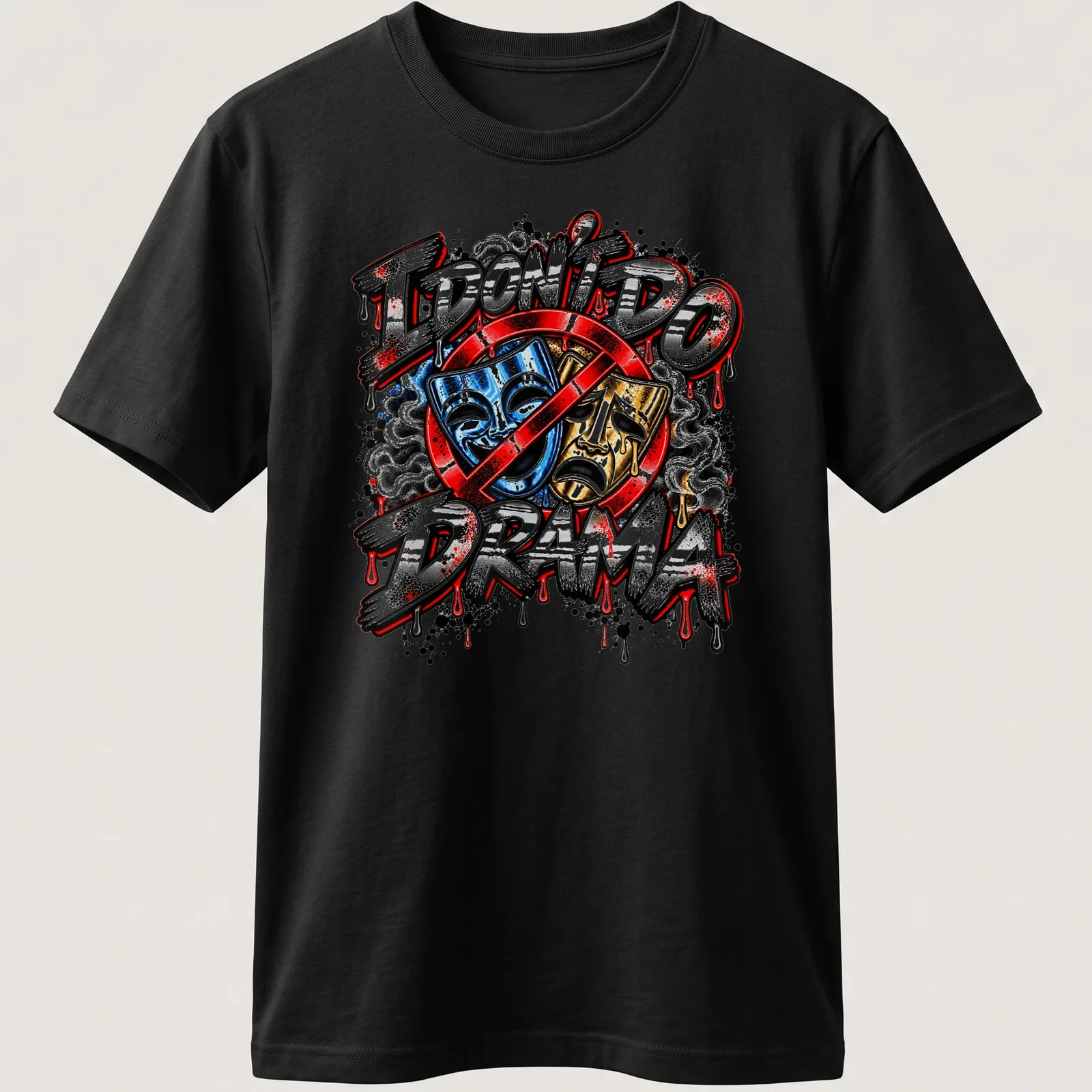 Bold graffiti print with colorful theater masks and text about drama. — printed on a unisex t-shirt