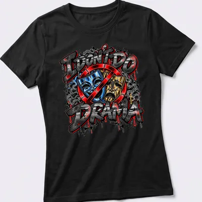 Bold graffiti print with colorful theater masks and text about drama. — printed on a women's shirt