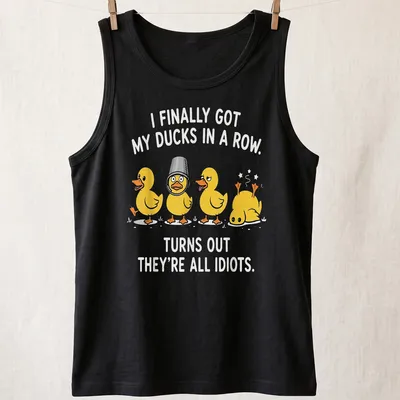 Playful cartoon ducks with humorous text about disorganization on a — printed on a tank top