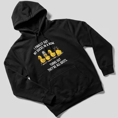 Playful cartoon ducks with humorous text about disorganization on a — printed on a unisex hoodie