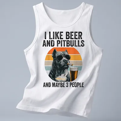 Pitbull wearing sunglasses with retro sunset and humorous text about beer and friends — printed on a tank top