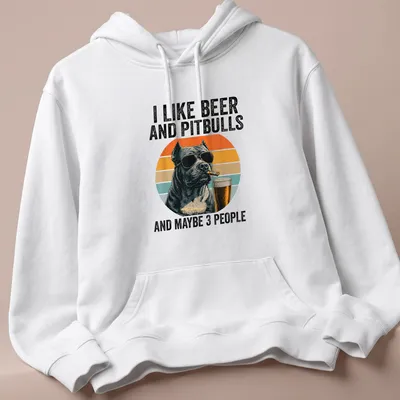 Pitbull wearing sunglasses with retro sunset and humorous text about beer and friends — printed on a unisex hoodie