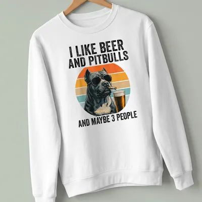 Pitbull wearing sunglasses with retro sunset and humorous text about beer and friends — printed on a unisex sweatshirt