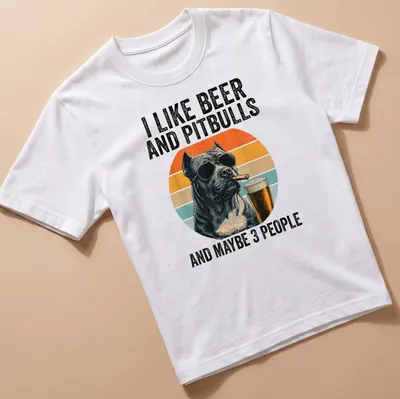 Pitbull wearing sunglasses with retro sunset and humorous text about beer and friends