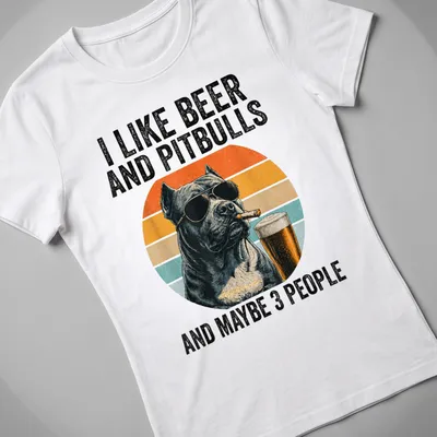 Pitbull wearing sunglasses with retro sunset and humorous text about beer and friends — printed on a women's shirt