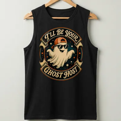 Vintage retro Halloween t-shirt featuring a cartoon ghost with sunglasses and the text I'll Be Your Ghost Host — printed on a tank top
