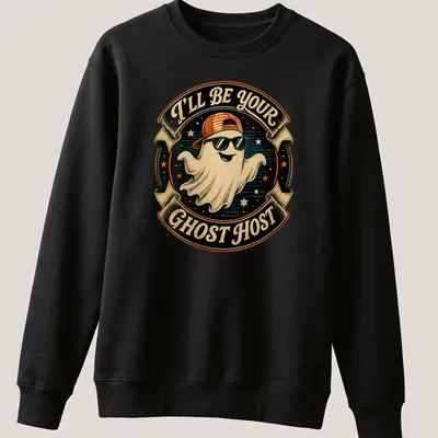 Vintage retro Halloween t-shirt featuring a cartoon ghost with sunglasses and the text I'll Be Your Ghost Host — printed on a unisex sweatshirt