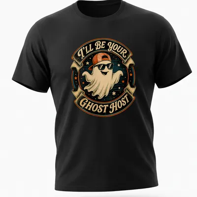 Vintage retro Halloween t-shirt featuring a cartoon ghost with sunglasses and the text I'll Be Your Ghost Host