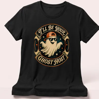 Vintage retro Halloween t-shirt featuring a cartoon ghost with sunglasses and the text I'll Be Your Ghost Host — printed on a women's shirt