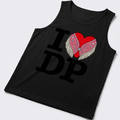 Colorful heart with fringe and the phrase I LOVE DP emblazoned on it — printed on a tank top
