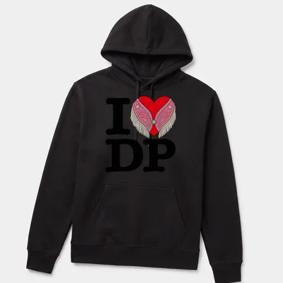 Colorful heart with fringe and the phrase I LOVE DP emblazoned on it — printed on a unisex hoodie