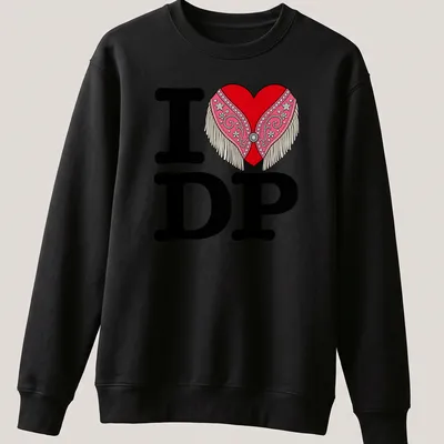 Colorful heart with fringe and the phrase I LOVE DP emblazoned on it — printed on a unisex sweatshirt