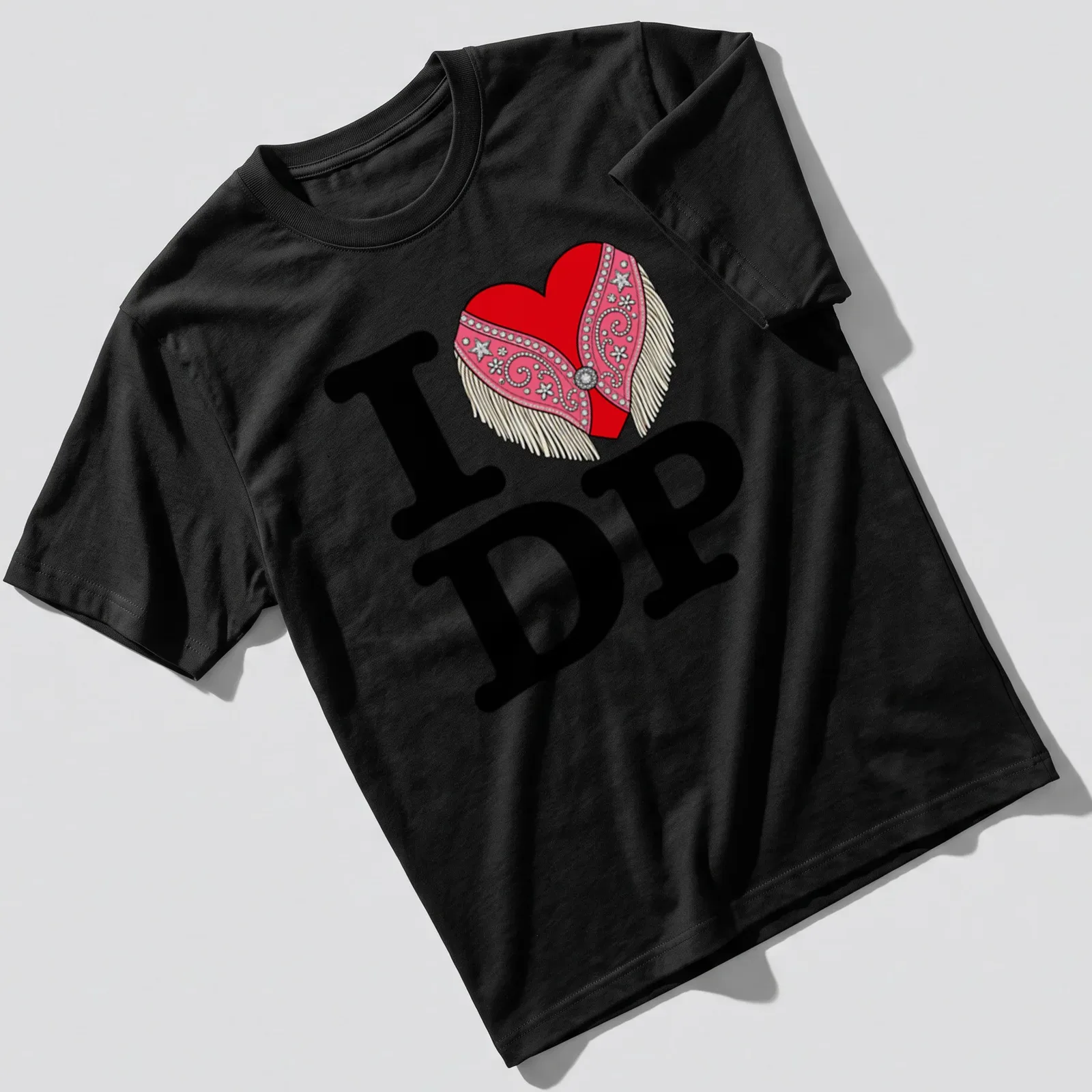 Colorful heart with fringe and the phrase I LOVE DP emblazoned on it — printed on a unisex t-shirt