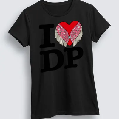Colorful heart with fringe and the phrase I LOVE DP emblazoned on it — printed on a women's shirt