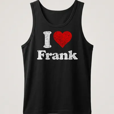 Distressed graphic tee featuring a red heart and text 'I Love Frank' in white — printed on a tank top