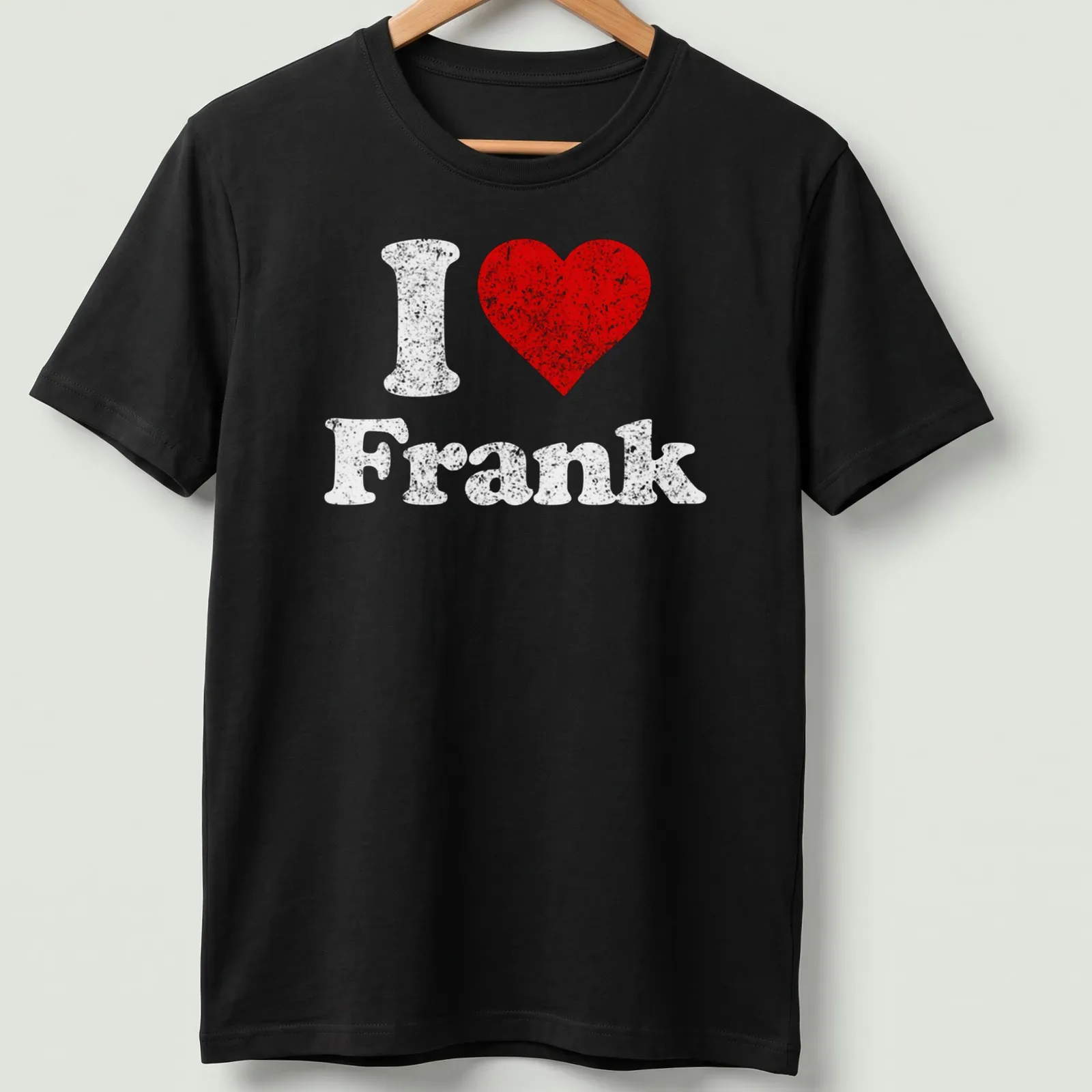 Distressed graphic tee featuring a red heart and text 'I Love Frank' in white — printed on a unisex t-shirt