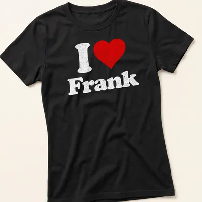 Distressed graphic tee featuring a red heart and text 'I Love Frank' in white — printed on a women's shirt
