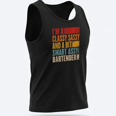 Retro distressed bartender t-shirt with colorful text about being classy and sassy. — printed on a tank top