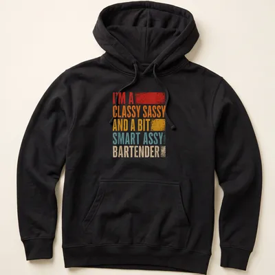 Retro distressed bartender t-shirt with colorful text about being classy and sassy. — printed on a unisex hoodie