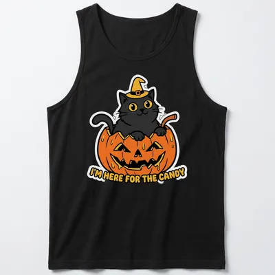 Kawaii style black cat in pumpkin with candy-themed text — printed on a tank top