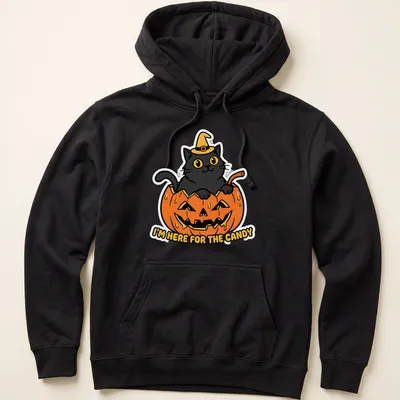 Kawaii style black cat in pumpkin with candy-themed text — printed on a unisex hoodie
