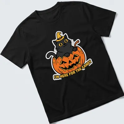 Kawaii style black cat in pumpkin with candy-themed text