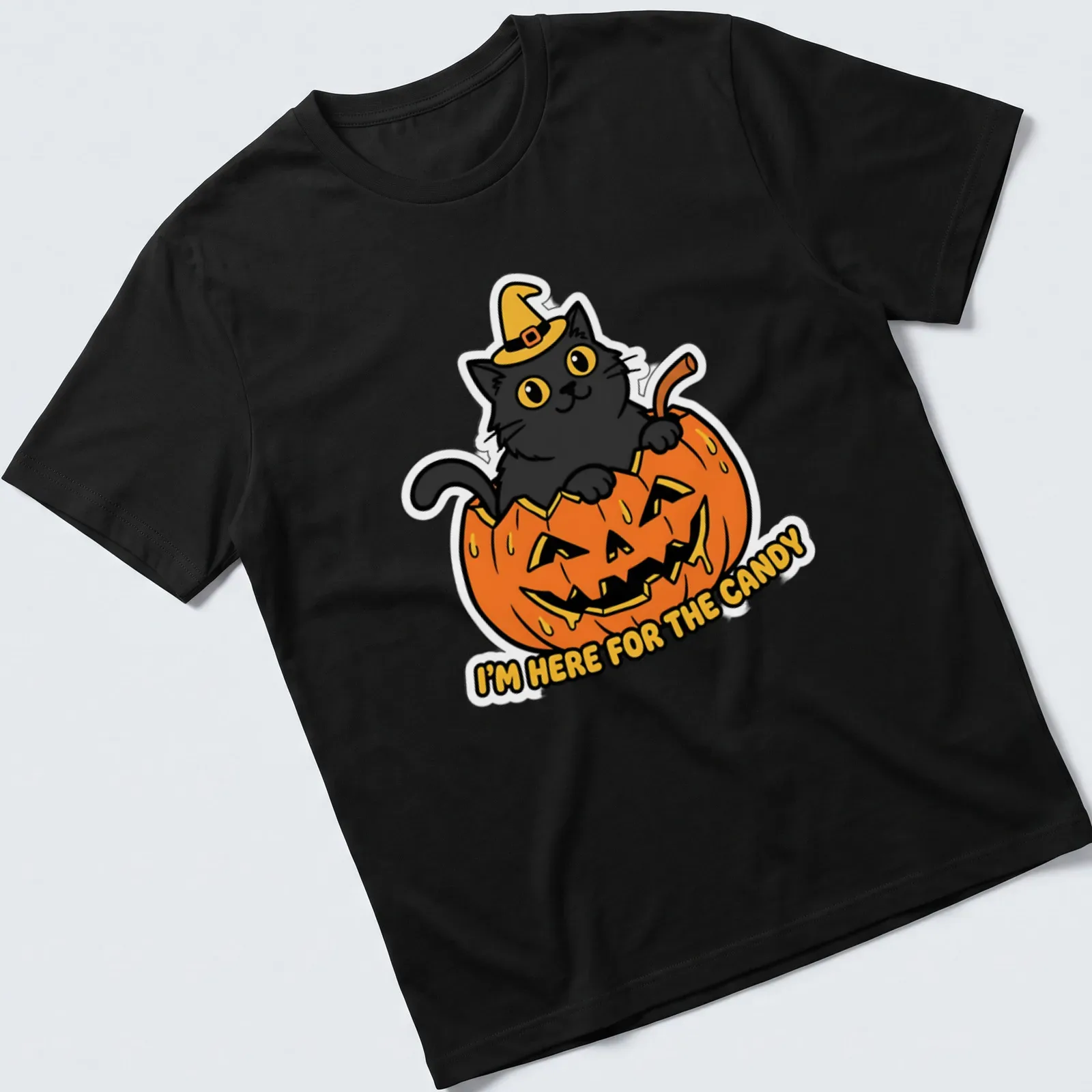 Kawaii style black cat in pumpkin with candy-themed text — printed on a unisex t-shirt