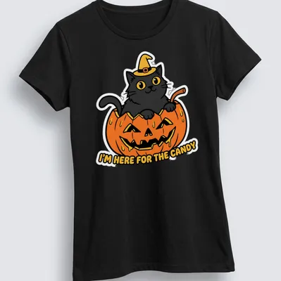 Kawaii style black cat in pumpkin with candy-themed text — printed on a women's shirt