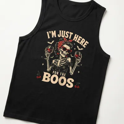 Vintage retro t-shirt featuring a skeleton holding wine glasses with Halloween-themed text — printed on a tank top