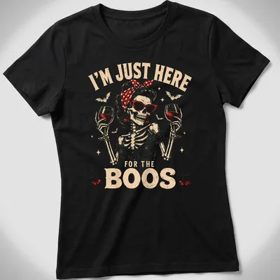 Vintage retro t-shirt featuring a skeleton holding wine glasses with Halloween-themed text — printed on a women's shirt