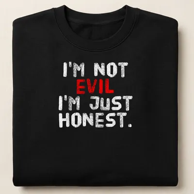 Bold distressed text says I'm Not Evil, I'm Just Honest in red and white. — printed on a unisex sweatshirt