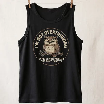 Cartoon owl design with humorous text about overthinking problems — printed on a tank top