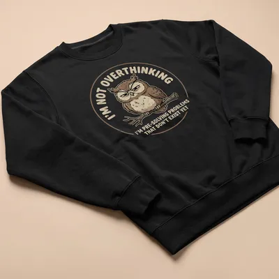 Cartoon owl design with humorous text about overthinking problems — printed on a unisex sweatshirt