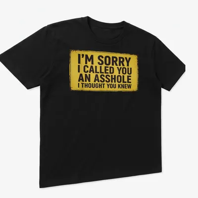 Bold typography t-shirt with a humorous phrase in yellow on black — printed on a unisex t-shirt (angled view)