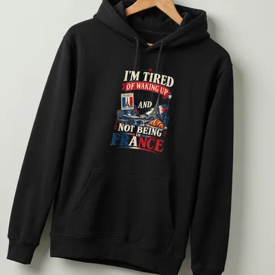 Vintage retro Paris design with text about waking up in France — printed on a unisex hoodie