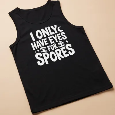 Playful illustration of mushrooms with the text I Only Have Eyes For Spores — printed on a tank top